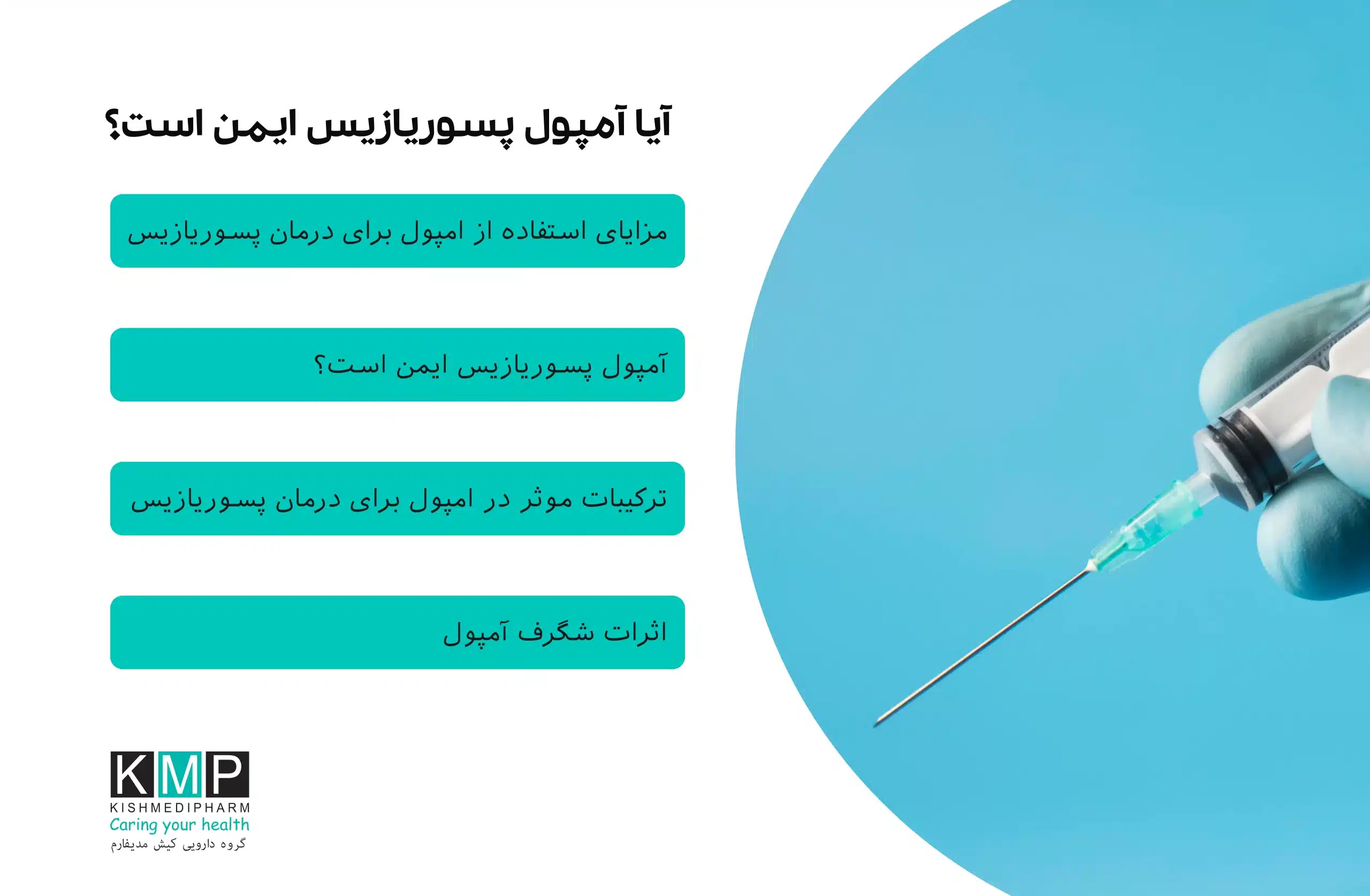 تصویری از یک بیمار در حال دریافت آمپول برای درمان پسوریازیس، همراه با نمودار اثر سیستمیک دارو و پلاک‌های پوستی روی بدن و پوست سر.