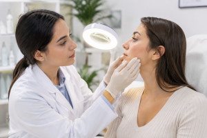 دکتر پوست در حال معاینه بالینی ضایعات و جوشهای التهابی صورت یک بیمار زن در کلینیک