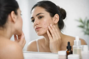تصویز زنی در آینه که جوش های صورت خود را بررسی میکند